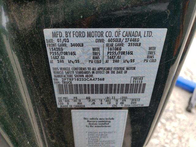 2FTRF18233CA47568 - 2003 FORD F150 GREEN photo 12