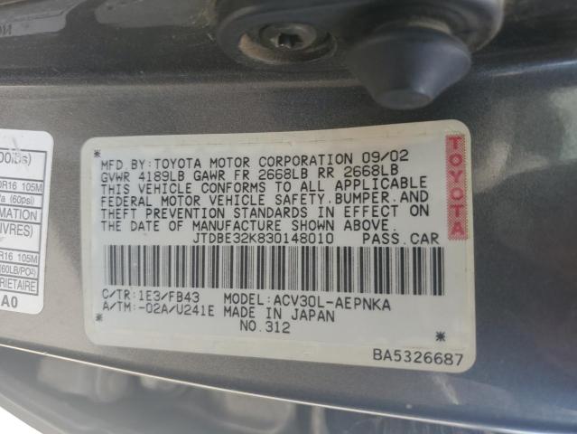 JTDBE32K830148010 - 2003 TOYOTA CAMRY LE GRAY photo 12