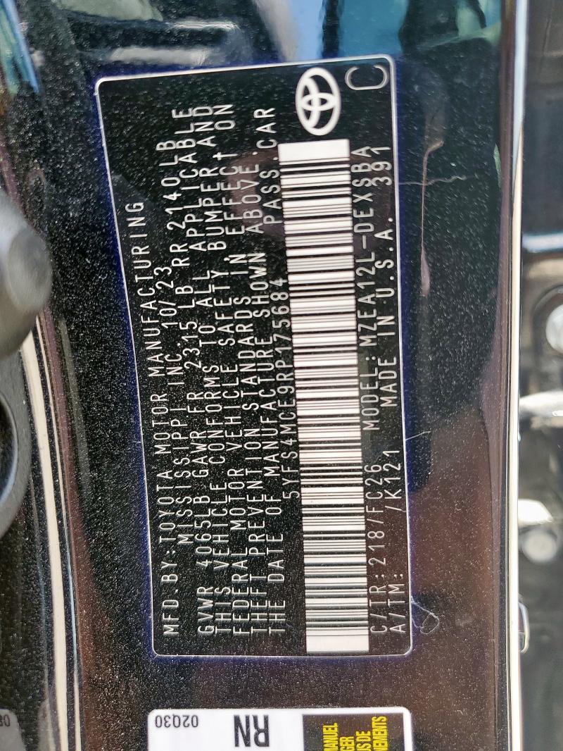 5YFS4MCE9RP175684 - 2024 TOYOTA COROLLA SE BLACK photo 12