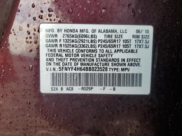 5FNYF4H64BB023528 - 2011 HONDA PILOT EXL MAROON photo 14