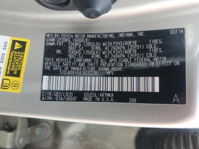 5TDJKRFH5ES032236 - 2014 TOYOTA HIGHLANDER XLE BEIGE photo 13