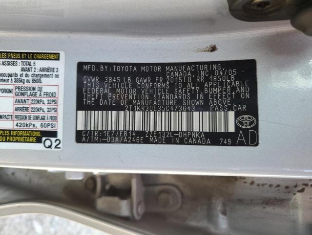 2T1KR30E35C473643 - 2005 TOYOTA COROLLA MA XR SILVER photo 12