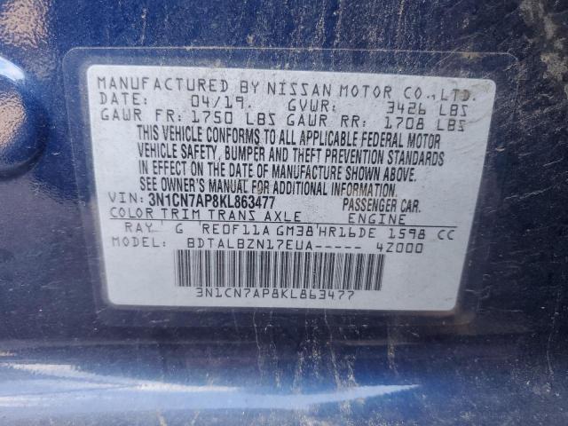 3N1CN7AP8KL863477 - 2019 NISSAN VERSA S BLUE photo 12