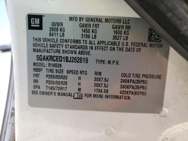 5GAKRCED1BJ262619 - 2011 BUICK ENCLAVE CXL WHITE photo 10