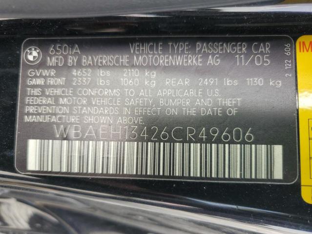 WBAEH13426CR49606 - 2006 BMW 650 I BLACK photo 12