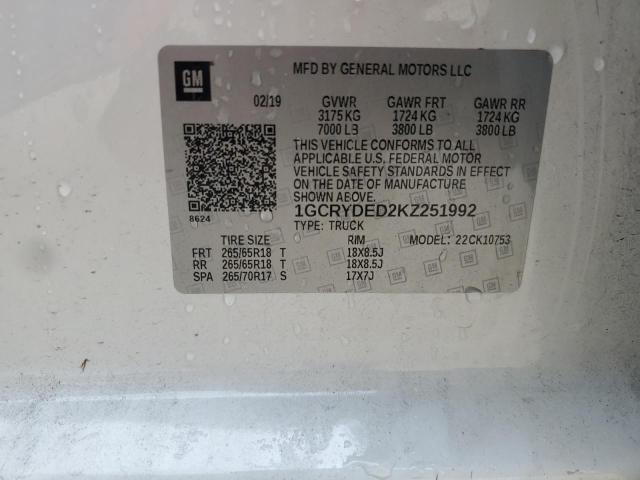 1GCRYDED2KZ251992 - 2019 CHEVROLET SILVERADO K1500 LT თეთრი ფოტო 12