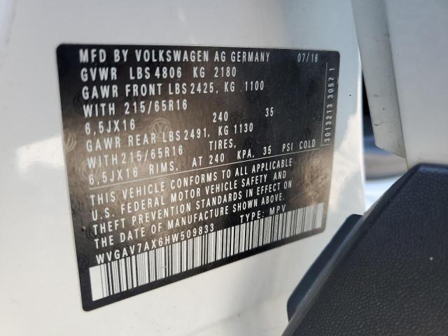 WVGAV7AX6HW509833 - 2017 VOLKSWAGEN TIGUAN S WHITE photo 12