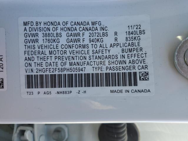 2HGFE2F58PH505947 - 2023 HONDA CIVIC SPORT WHITE photo 12