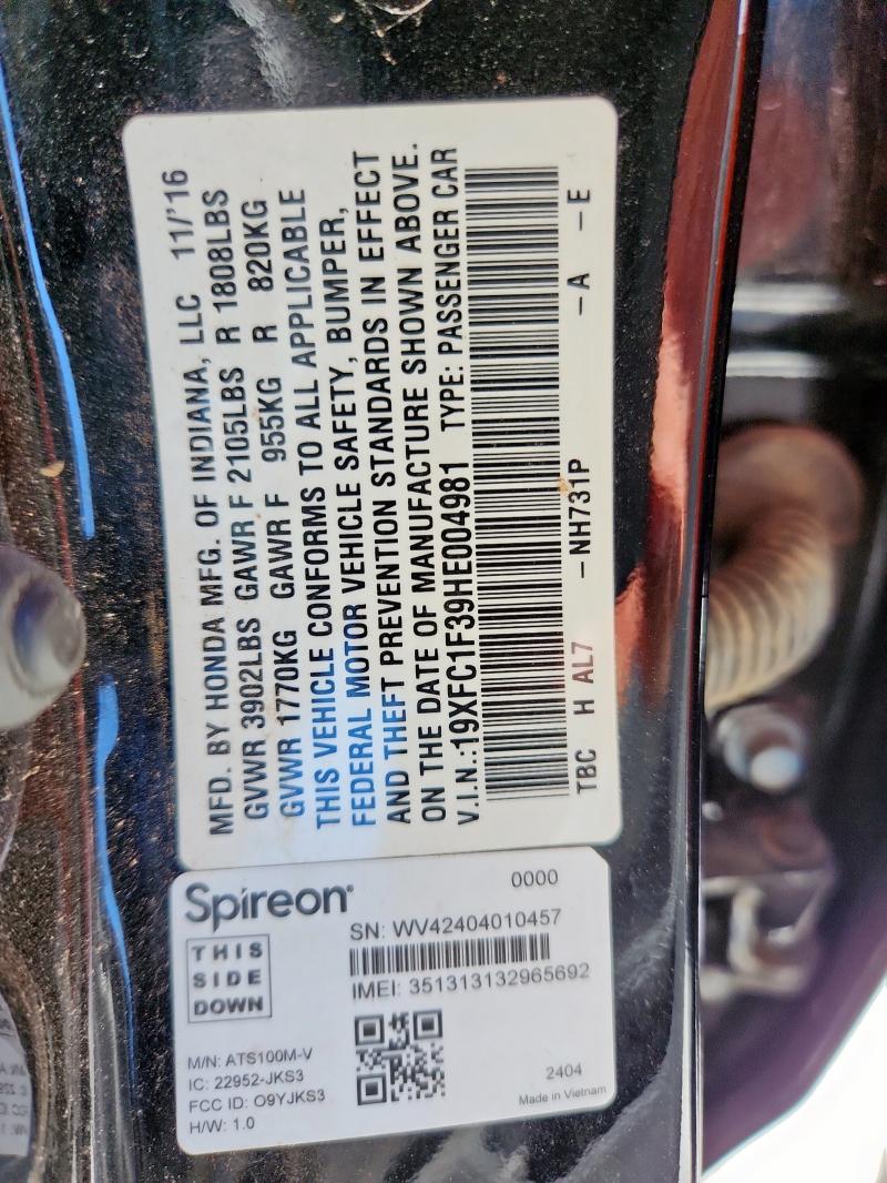 19XFC1F39HE004981 - 2017 HONDA CIVIC EX BLACK photo 13