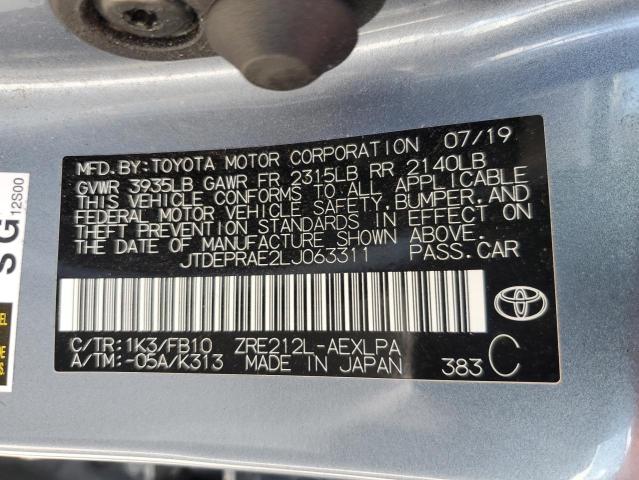 JTDEPRAE2LJ063311 - 2020 TOYOTA COROLLA LE BLUE photo 12