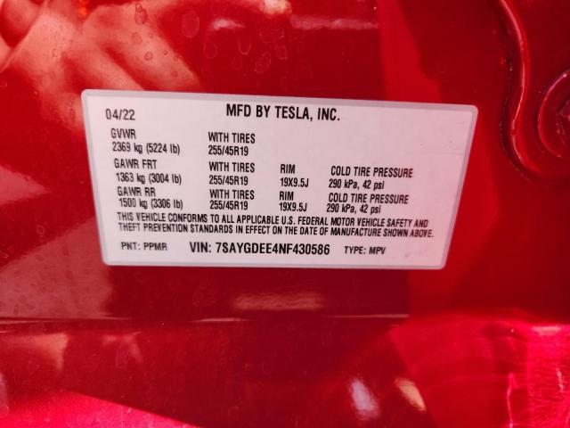 7SAYGDEE4NF430586 - 2022 TESLA MODEL Y 红色 照片 13