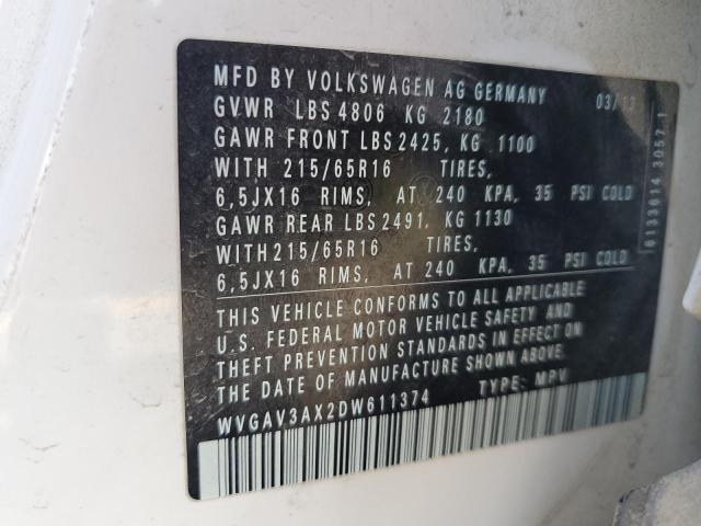WVGAV3AX2DW611374 - 2013 VOLKSWAGEN TIGUAN S თეთრი ფოტო 12