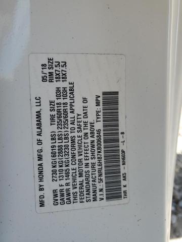 5FNRL6H87KB006846 - 2019 HONDA ODYSSEY TOURING WHITE photo 13