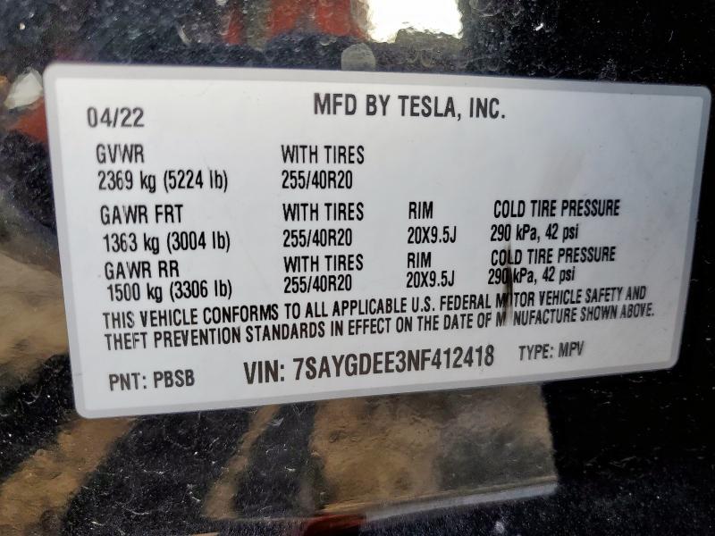 7SAYGDEE3NF412418 - 2022 TESLA MODEL Y Қара фото 14