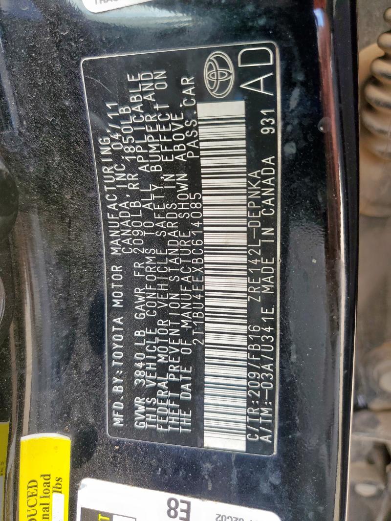 2T1BU4EEXBC614085 - 2011 TOYOTA COROLLA BASE შავი ფოტო 12