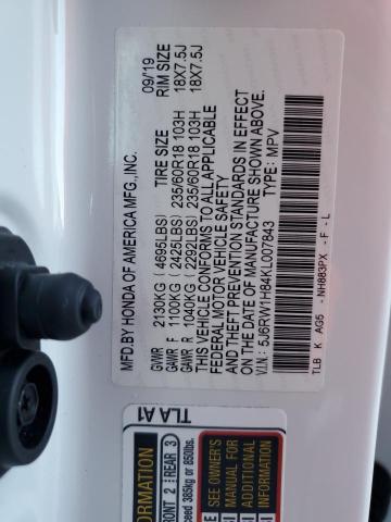 5J6RW1H84KL007843 - 2019 HONDA CR-V EXL WHITE photo 10