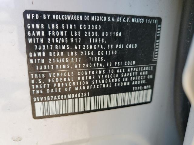 3VV1B7AX6KM048381 - 2019 VOLKSWAGEN TIGUAN S WHITE photo 12