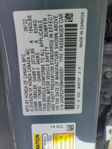 2HGFE2F59NH590651 - 2022 HONDA CIVIC SPORT BLUE photo 12