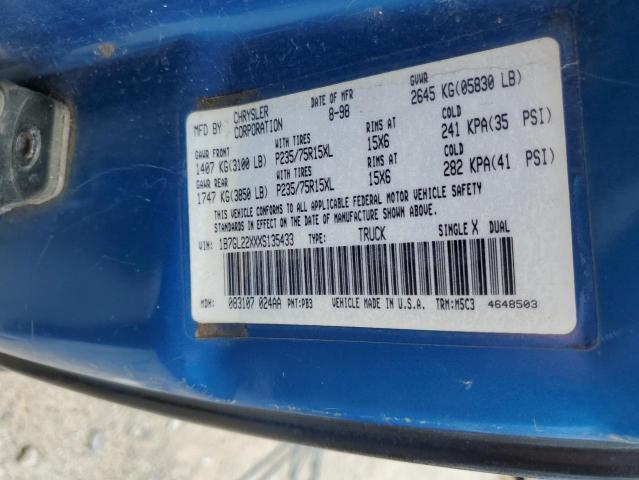 1B7GL22XXXS135433 - 1999 DODGE DAKOTA შავი ფოტო 12
