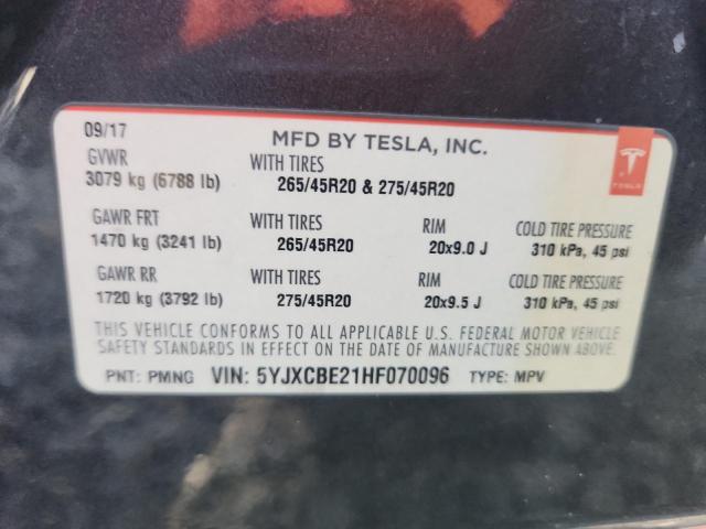 5YJXCBE21HF070096 - 2017 TESLA MODEL X შავი ფოტო 14