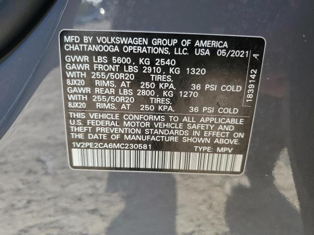 1V2PE2CA6MC230581 - 2021 VOLKSWAGEN ATLAS CROS SE ნაცრისფერი ფოტო 13