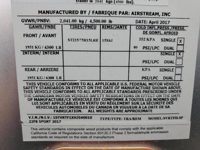 1STVRTF1XHJ540010 - 2017 AIRS TRAVEL TRA ვერცხლისფერი ფოტო 10