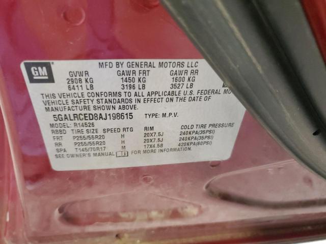 5GALRCED8AJ198615 - 2010 BUICK ENCLAVE CXL BURGUNDY photo 13