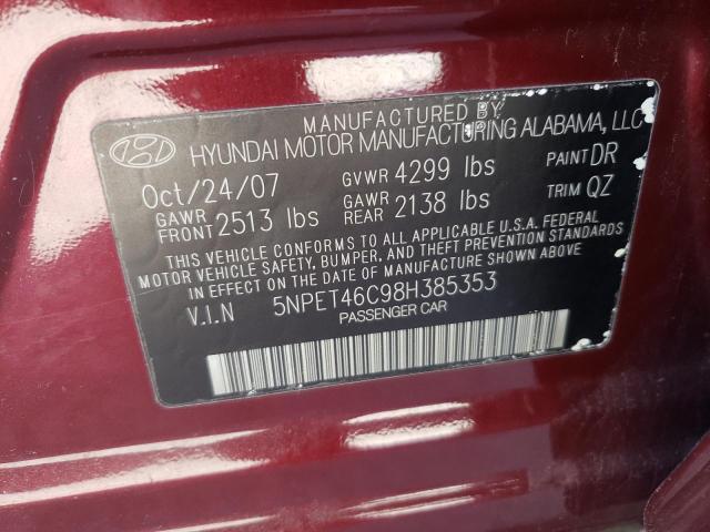 5NPET46C98H385353 - 2008 HYUNDAI SONATA GLS MAROON photo 10