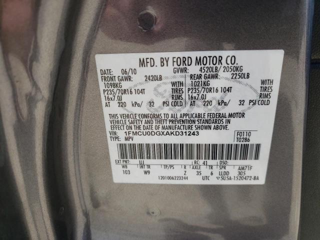 1FMCU0DGXAKD31243 - 2010 FORD ESCAPE XLT GRAY photo 14