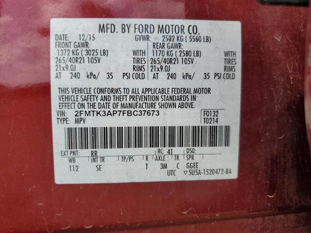 2FMTK3AP7FBC37673 - 2015 FORD EDGE SPORT 红色 照片 12