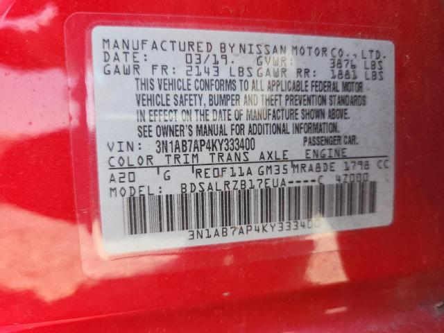 3N1AB7AP4KY333400 - 2019 NISSAN SENTRA S RED photo 12