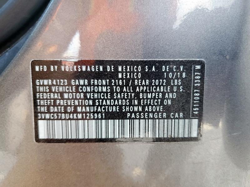 3VWC57BU4KM125961 - 2019 VOLKSWAGEN JETTA S 灰色 照片 13