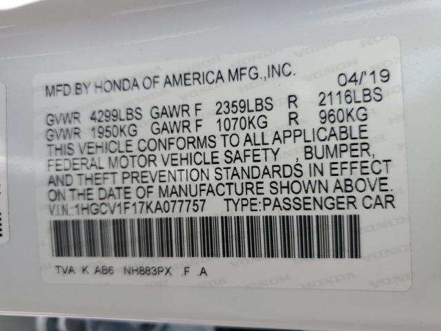 1HGCV1F17KA077757 - 2019 HONDA ACCORD LX WHITE photo 13
