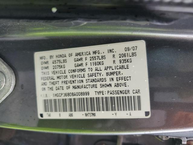 1HGCP36808A008999 - 2008 HONDA ACCORD EXL GRAY photo 12