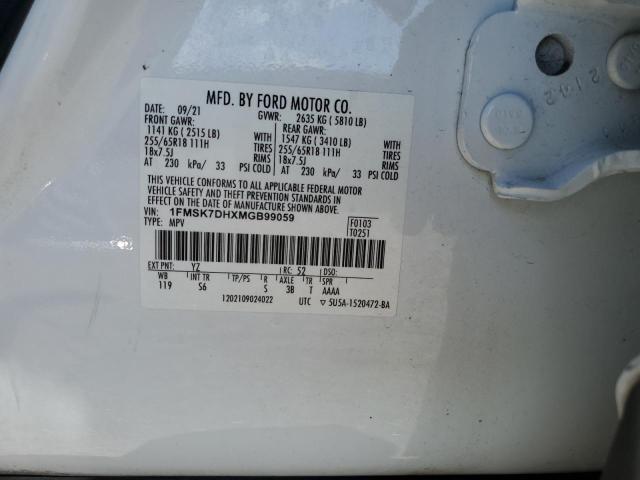 1FMSK7DHXMGB99059 - 2021 FORD EXPLORER XLT 白色 照片 13