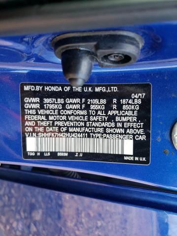 SHHFK7H42HU424411 - 2017 HONDA CIVIC SPORT 蓝色 照片 12