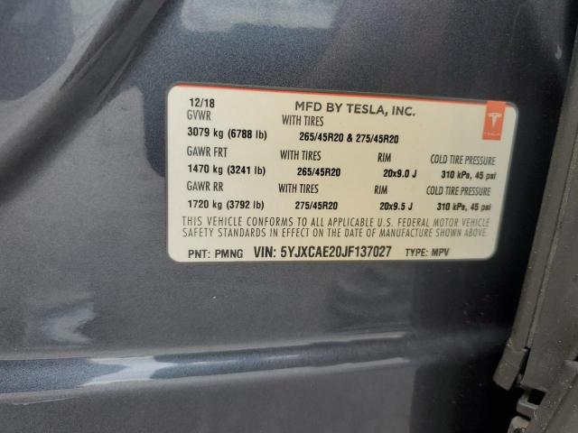 5YJXCAE20JF137027 - 2018 TESLA MODEL X Szary zdjęcie 12