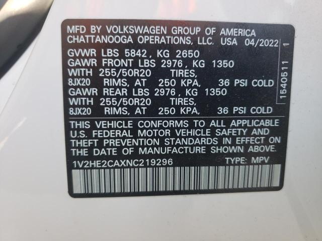 1V2HE2CAXNC219296 - 2022 VOLKSWAGEN ATLAS CROS SE WHITE photo 12
