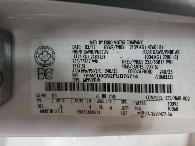 1FMCU0G92FUB76714 - 2015 FORD ESCAPE SE WHITE photo 13