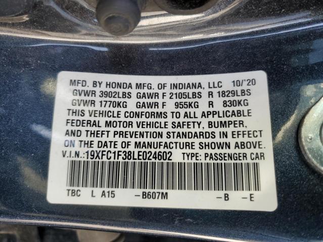 19XFC1F38LE024602 - 2020 HONDA CIVIC EX BLUE photo 12