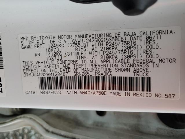3TMJU4GN2BM122487 - 2011 TOYOTA TACOMA DOUBLE CAB PRERUNNER WHITE photo 12
