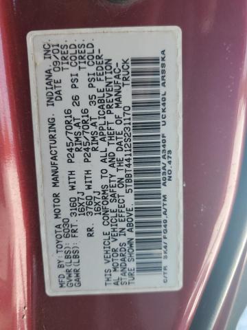 5TBBT44112S231170 - 2002 TOYOTA TUNDRA ACCESS CAB ბურგუნდია ფოტო 12