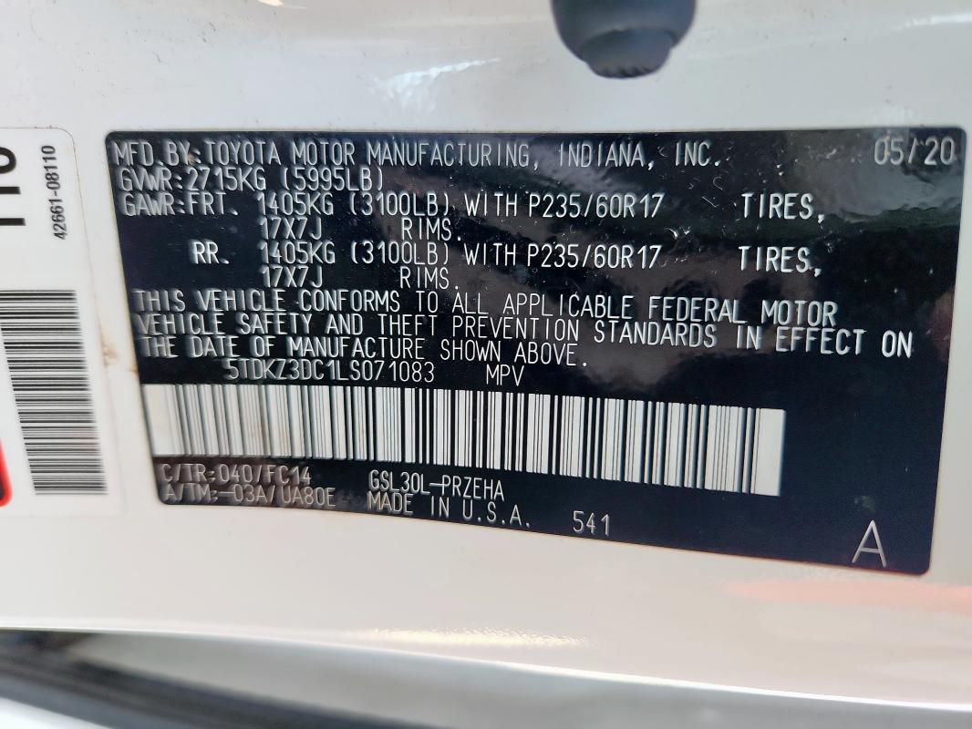 5TDKZ3DC1LS071083 - 2020 TOYOTA SIENNA LE 白色 照片 14