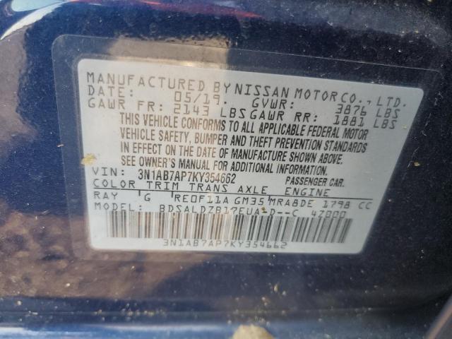 3N1AB7AP7KY354662 - 2019 NISSAN SENTRA S BLUE photo 13