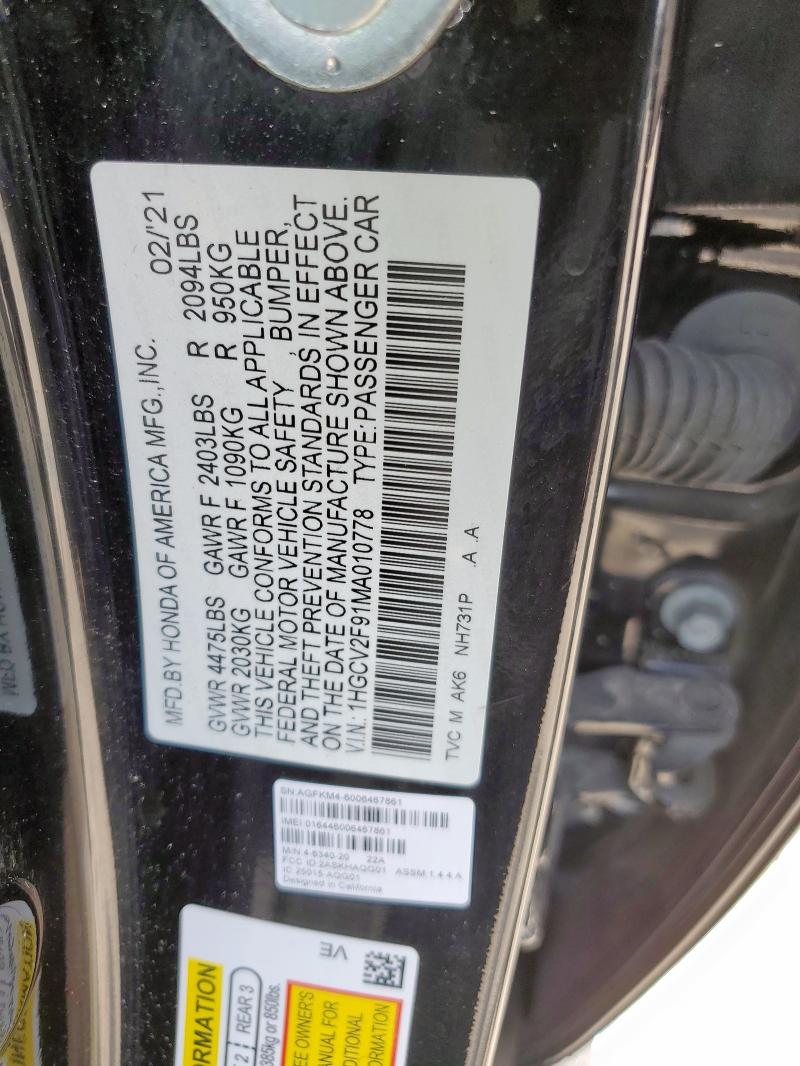 1HGCV2F91MA010778 - 2021 HONDA ACCORD TOURING 黑色 照片 12