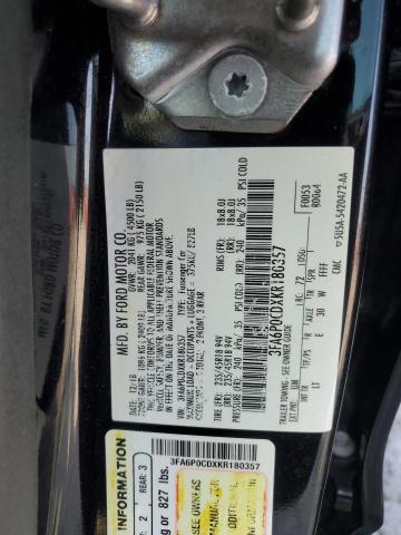 3FA6P0CDXKR180357 - 2019 FORD FUSION SEL BLACK photo 12