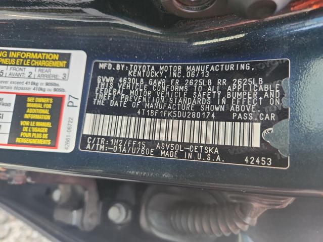 4T1BF1FK5DU280174 - 2013 TOYOTA CAMRY L BLACK photo 12