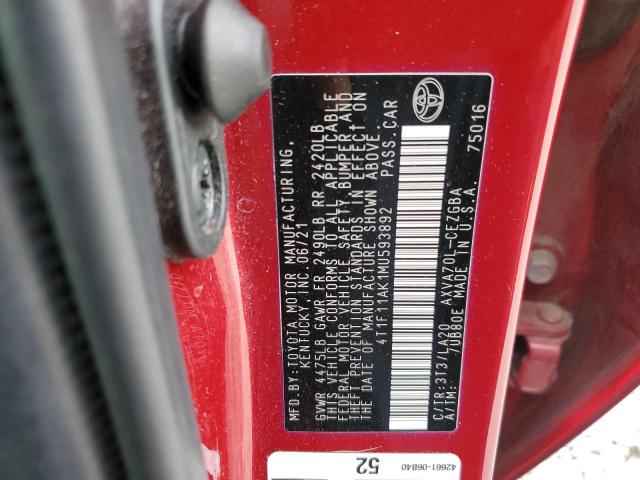 4T1F11AK1MU593892 - 2021 TOYOTA CAMRY XLE 红色 照片 12