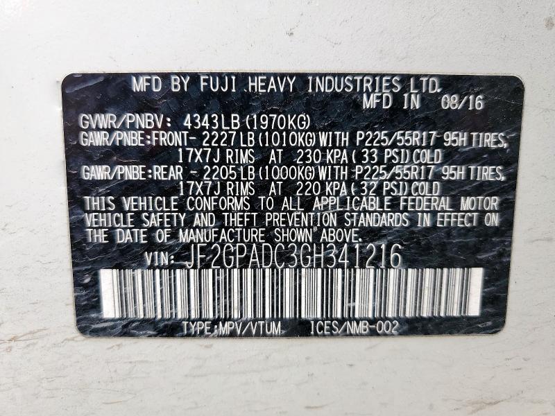 JF2GPADC3GH341216 - 2016 SUBARU CROSSTREK PREMIUM Ақ фото 13