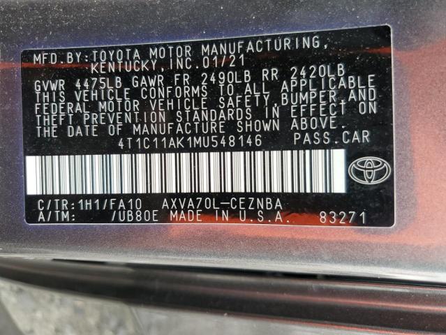 4T1C11AK1MU548146 - 2021 TOYOTA CAMRY LE GRAY photo 12